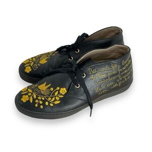 Namorarte Shoes Leather Embroidered Flats Doves Portugal Black Yellow Size‎ 8.5